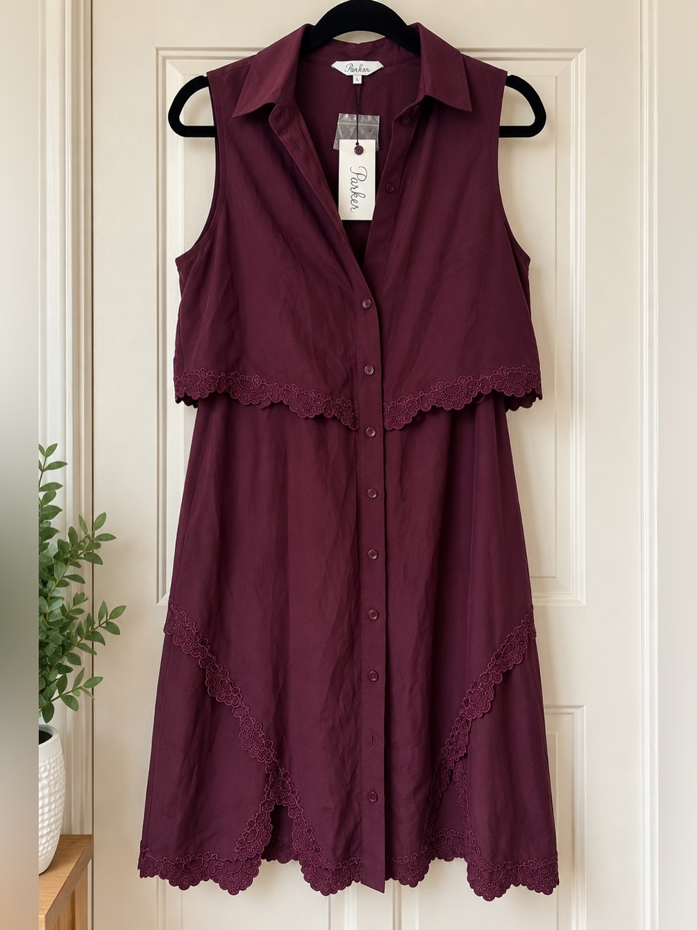 Parker Plum Lace Trim Sleeveless Button Front Dress Size L NWT